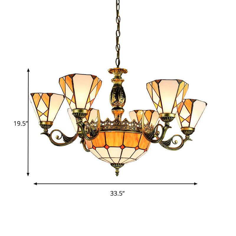 9 Lights Pendant Lamp Tiffany-Style Conical Stained Glass Ceiling Chandelier in Yellow - Rebooters