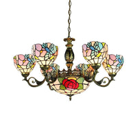 9 Lights Rose Chandelier Tiffany Style Stained Glass Lamp - Rebooters