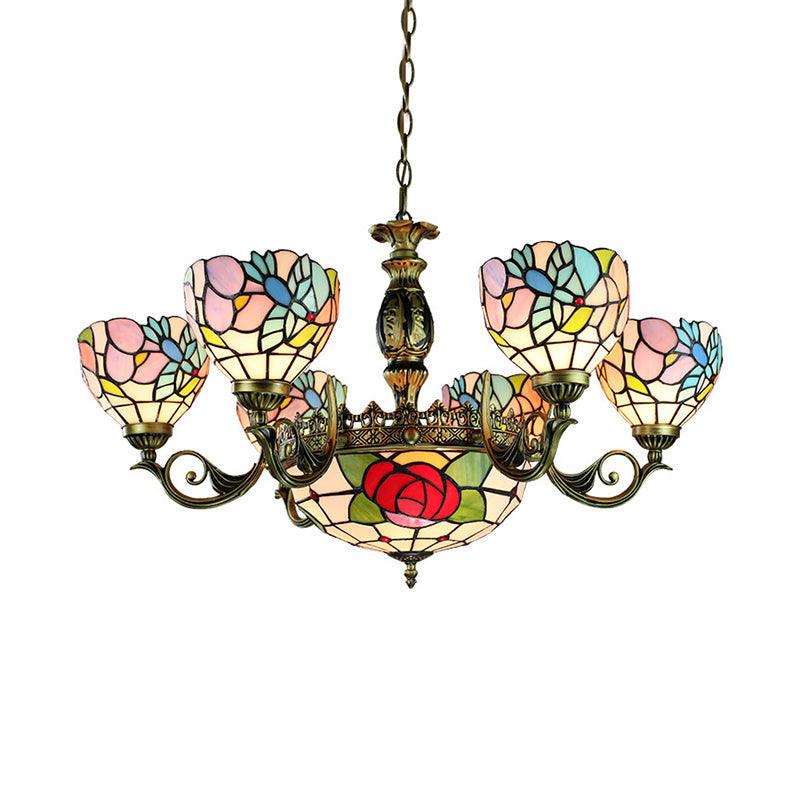 9 Lights Rose Chandelier Tiffany Style Stained Glass Lamp - Rebooters