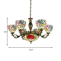 9 Lights Rose Chandelier Tiffany Style Stained Glass Lamp - Rebooters