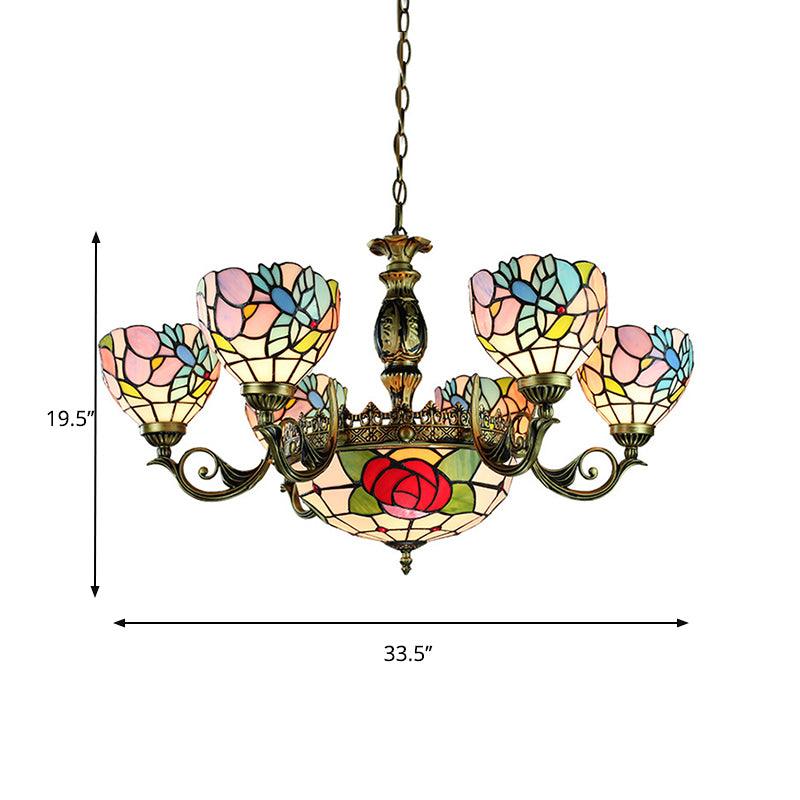 9 Lights Rose Chandelier Tiffany Style Stained Glass Lamp - Rebooters