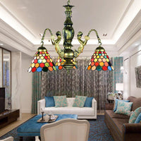 Antique Bronze Bell Chandelier Lamp Tiffany 3 Lights Stained Glass - Rebooters