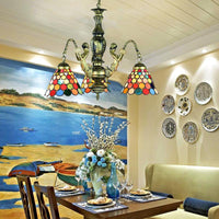 Antique Bronze Bell Chandelier Lamp Tiffany 3 Lights Stained Glass - Rebooters