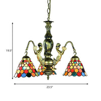 Antique Bronze Bell Chandelier Lamp Tiffany 3 Lights Stained Glass - Rebooters