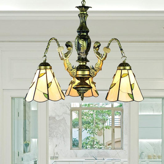 Beige 3 Lights Chandelier Light Fixture Tiffany Cut Glass Mermaid Pendant Lamp - Rebooters