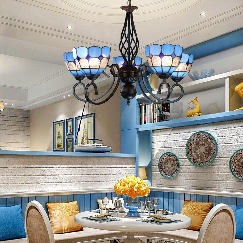 5 Lights Bowl Chandelier Lighting Adjustable Chain Blue Pendant - Rebooters
