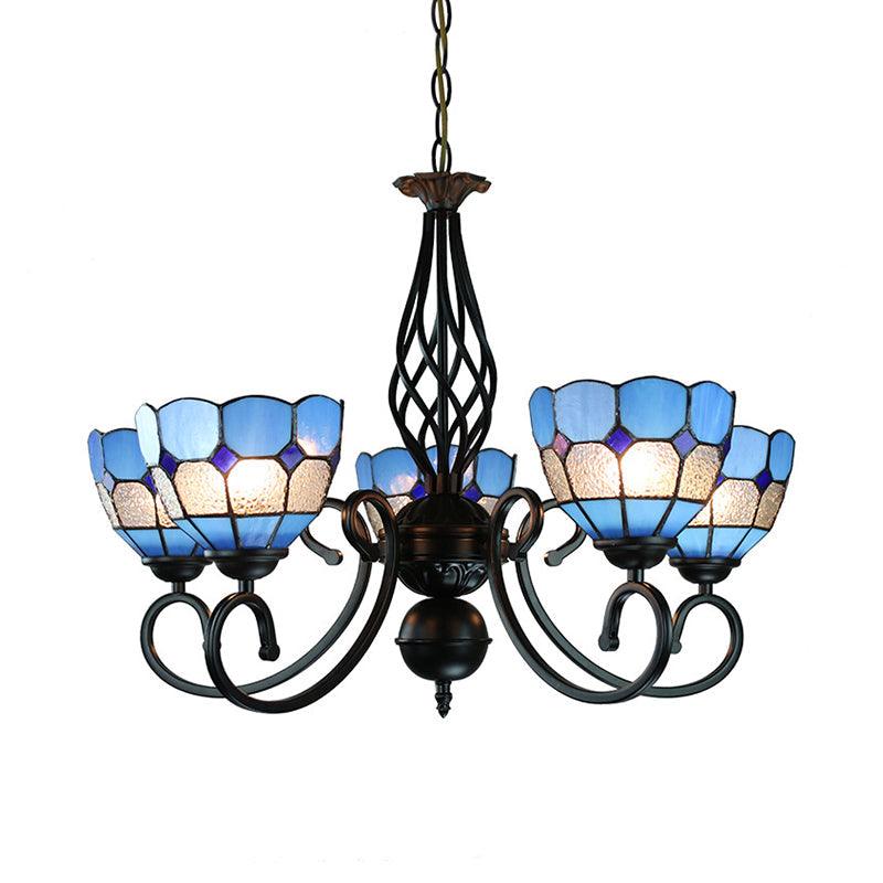5 Lights Bowl Chandelier Lighting Adjustable Chain Blue Pendant - Rebooters