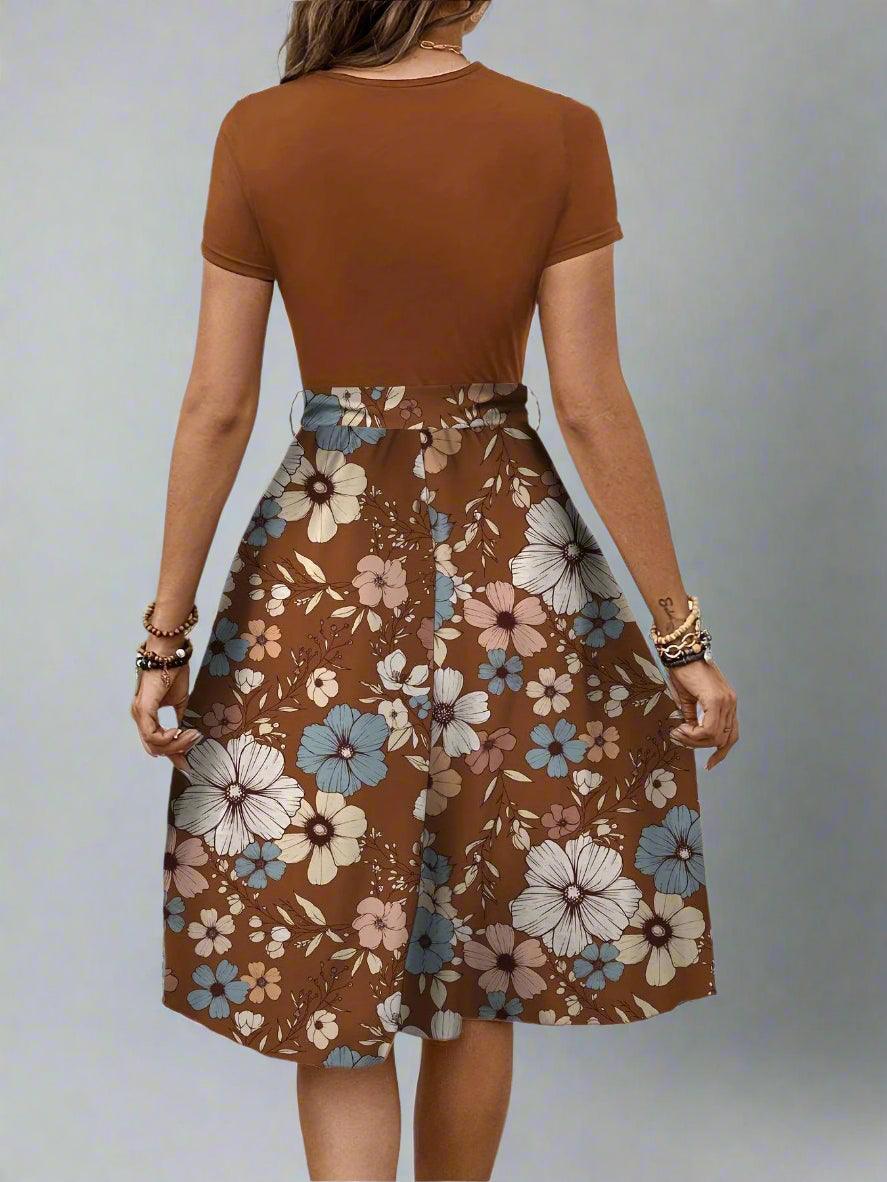 Women's Floral Midi Dress with Flared Skirt for Spring and Summer