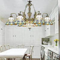 9 Lights Peacock Pendant Lighting Tiffany Style White Stained Glass Chandelier Lamp - Rebooters