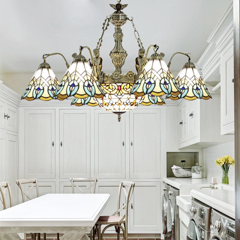 9 Lights Peacock Pendant Lighting Tiffany Style White Stained Glass Chandelier Lamp - Rebooters