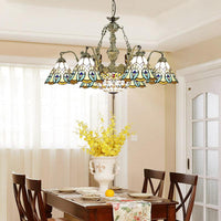9 Lights Peacock Pendant Lighting Tiffany Style White Stained Glass Chandelier Lamp - Rebooters
