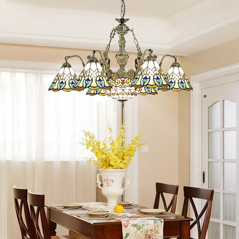 9 Lights Peacock Pendant Lighting Tiffany Style White Stained Glass Chandelier Lamp - Rebooters