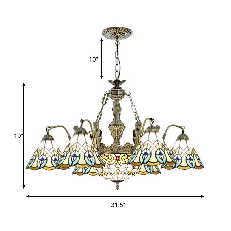 9 Lights Peacock Pendant Lighting Tiffany Style White Stained Glass Chandelier Lamp - Rebooters