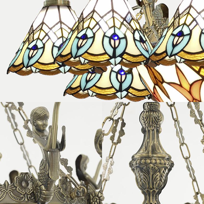 9 Lights Peacock Pendant Lighting Tiffany Style White Stained Glass Chandelier Lamp - Rebooters