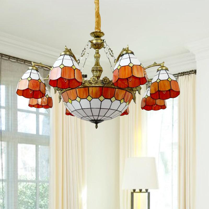 9/13 Lights Grid Dome Hotel Hanging Light Art Glass Tiffany Vintage Chandelier in Orange - Rebooters