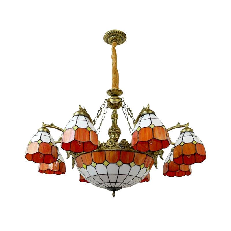 9/13 Lights Grid Dome Hotel Hanging Light Art Glass Tiffany Vintage Chandelier in Orange - Rebooters