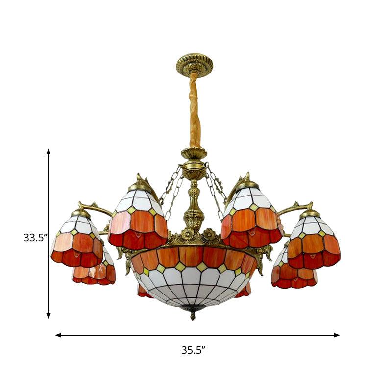 9/13 Lights Grid Dome Hotel Hanging Light Art Glass Tiffany Vintage Chandelier in Orange - Rebooters