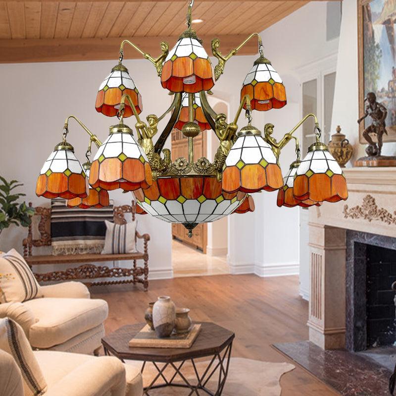 9/13 Lights Grid Dome Hotel Hanging Light Art Glass Tiffany Vintage Chandelier in Orange - Rebooters