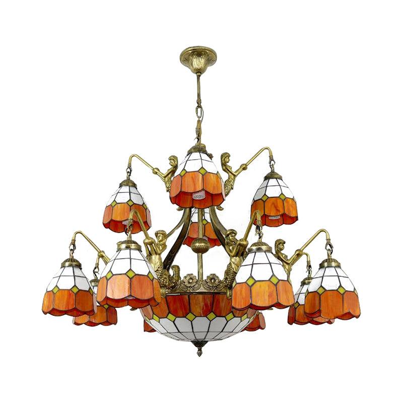 9/13 Lights Grid Dome Hotel Hanging Light Art Glass Tiffany Vintage Chandelier in Orange - Rebooters