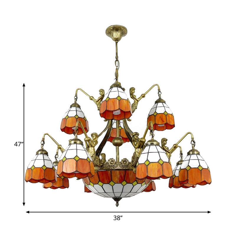 9/13 Lights Grid Dome Hotel Hanging Light Art Glass Tiffany Vintage Chandelier in Orange - Rebooters