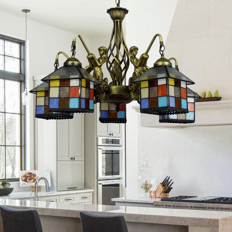 Antique Bronze 5 Lights Chandelier Light Fixture Tiffany Stained Glass House Pendant Lamp - Rebooters