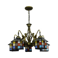 Antique Bronze 5 Lights Chandelier Light Fixture Tiffany Stained Glass House Pendant Lamp - Rebooters