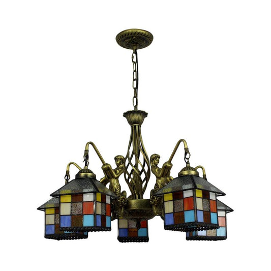 Antique Bronze 5 Lights Chandelier Light Fixture Tiffany Stained Glass House Pendant Lamp - Rebooters