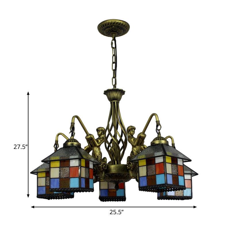 Antique Bronze 5 Lights Chandelier Light Fixture Tiffany Stained Glass House Pendant Lamp - Rebooters
