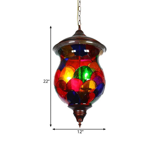 3 Bulbs Red Glass Chandelier Vintage Copper Urn Shape Pendant - Rebooters