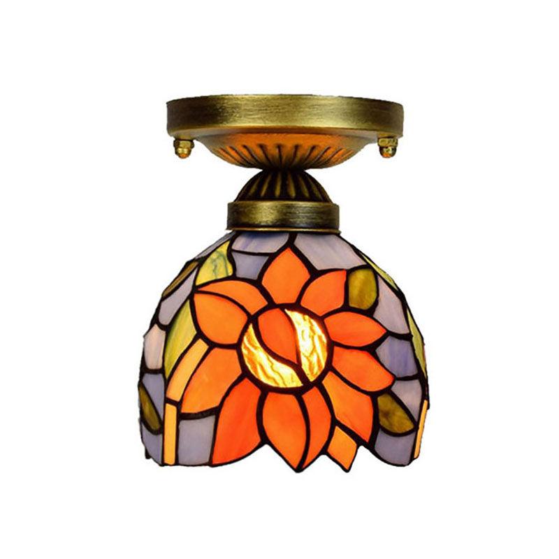 6 Inch Rustic Orange Ceiling Lamp Sunflower Stained Glass Light - Rebooters