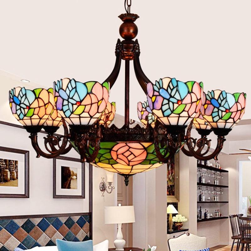 Multi-Head Bird Rose Chandelier Rustic Tiffany Stained Glass Hanging Light in Pink for Villa - Rebooters