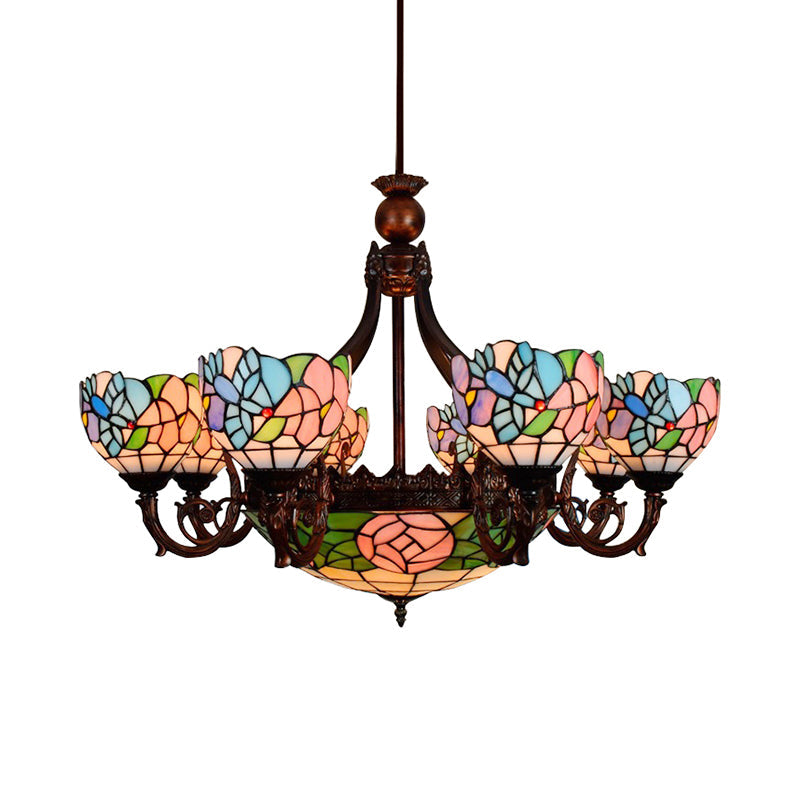 Multi-Head Bird Rose Chandelier Rustic Tiffany Stained Glass Hanging Light in Pink for Villa - Rebooters