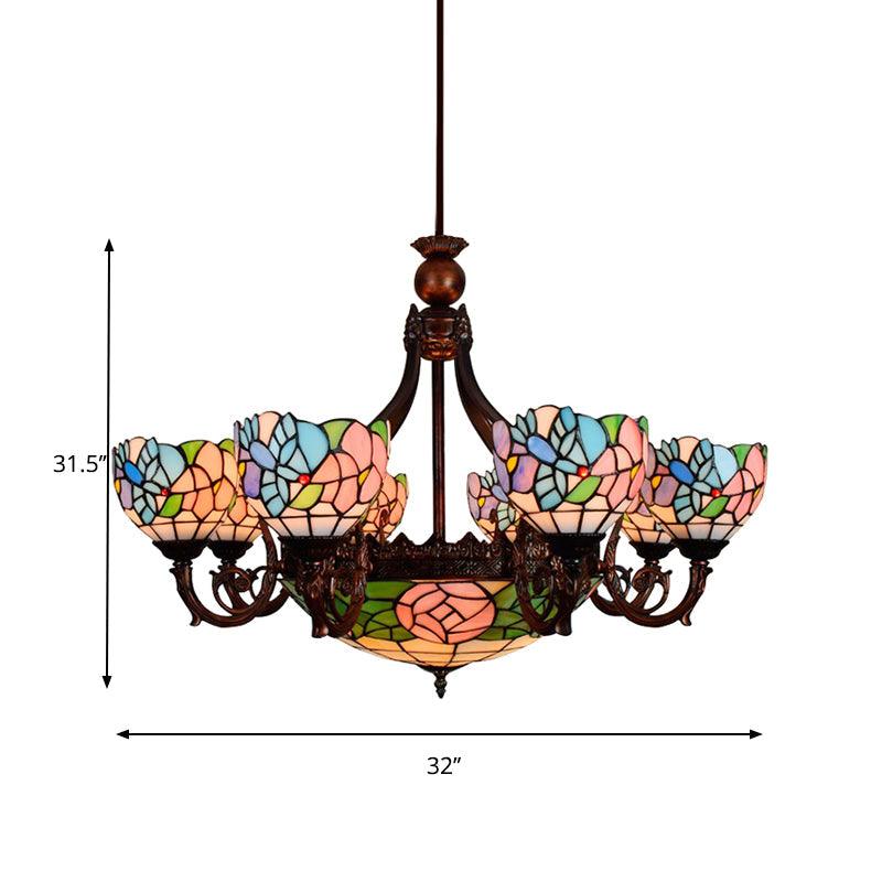 Multi-Head Bird Rose Chandelier Rustic Tiffany Stained Glass Hanging Light in Pink for Villa - Rebooters