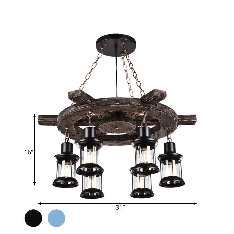 6-Light Clear Glass Drop Pendant Factory Black Gray Kerosene Chandelier - Rebooters