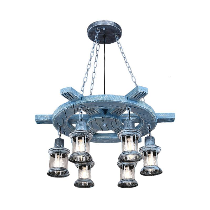 6-Light Clear Glass Drop Pendant Factory Black Gray Kerosene Chandelier - Rebooters