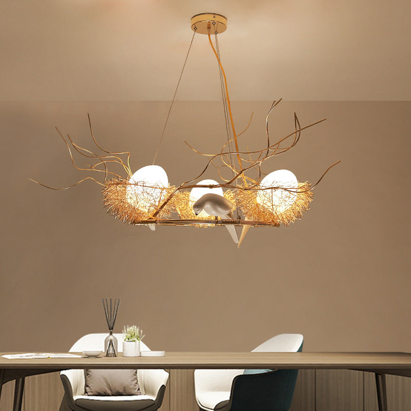 3 Lights Circle Nest Chandelier Lovely Metal Pendant Light in Gold - Rebooters