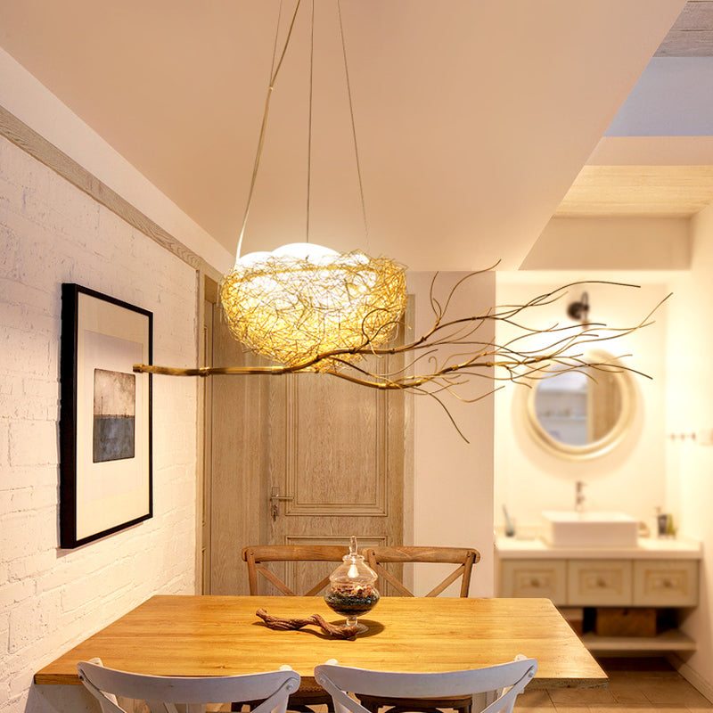 Kids Gold Pendant Light Branch Metal Chandelier with Bird Nest for Balcony Hallway - Rebooters