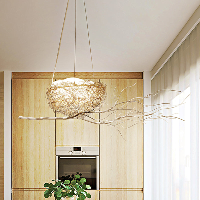 Kids Gold Pendant Light Branch Metal Chandelier with Bird Nest for Balcony Hallway - Rebooters
