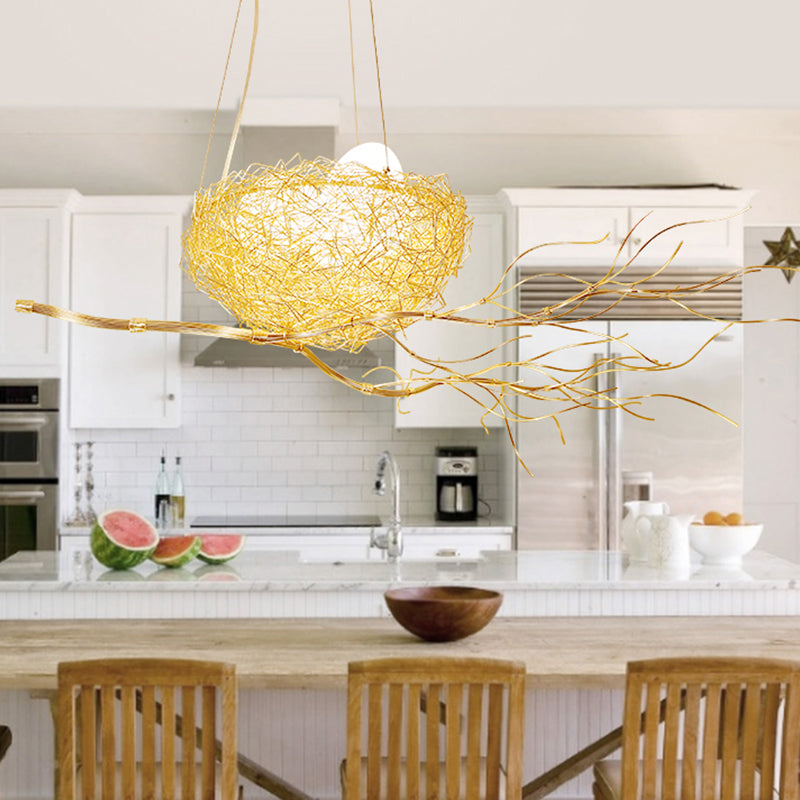 Kids Gold Pendant Light Branch Metal Chandelier with Bird Nest for Balcony Hallway - Rebooters