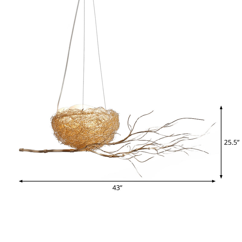 Kids Gold Pendant Light Branch Metal Chandelier with Bird Nest for Balcony Hallway - Rebooters