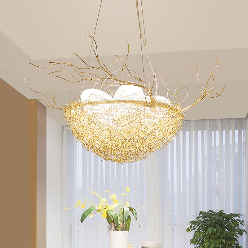 Kids Gold Pendant Light Branch Metal Chandelier with Bird Nest for Balcony Hallway - Rebooters