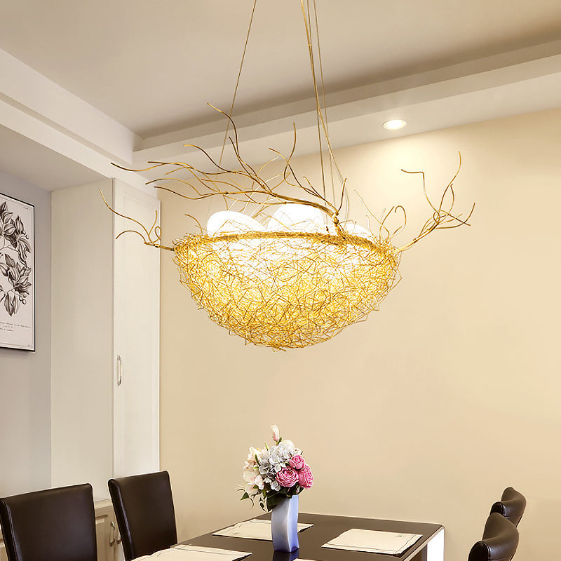 Kids Gold Pendant Light Branch Metal Chandelier with Bird Nest for Balcony Hallway - Rebooters