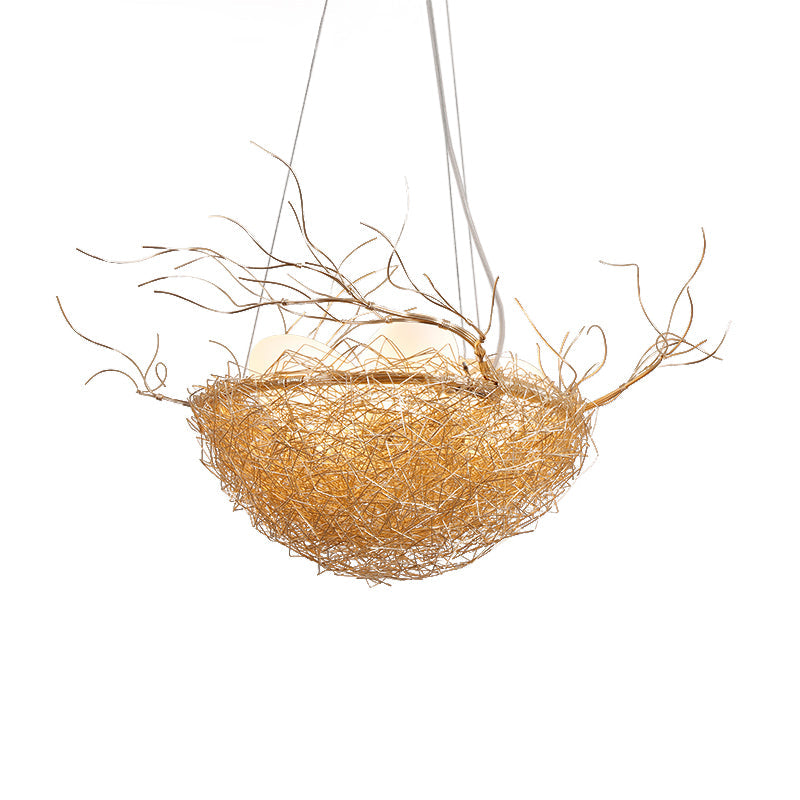 Kids Gold Pendant Light Branch Metal Chandelier with Bird Nest for Balcony Hallway - Rebooters