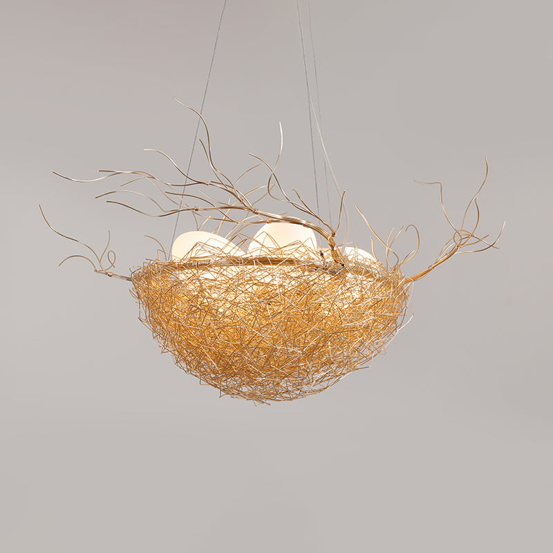 Kids Gold Pendant Light Branch Metal Chandelier with Bird Nest for Balcony Hallway - Rebooters
