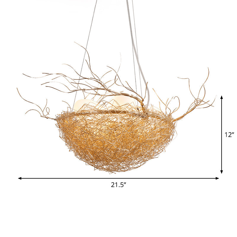 Kids Gold Pendant Light Branch Metal Chandelier with Bird Nest for Balcony Hallway - Rebooters