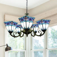 5 Lights Pyramid Chandelier Lighting Tiffany Mission Stained Glass Pendant Light with Curved Arm - Rebooters