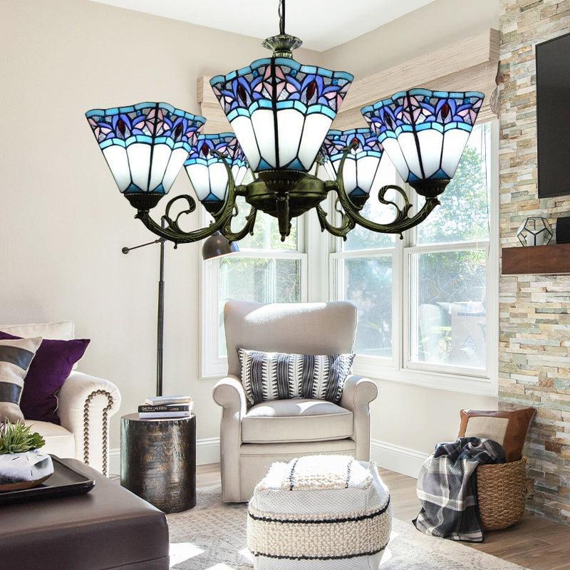 5 Lights Pyramid Chandelier Lighting Tiffany Mission Stained Glass Pendant Light with Curved Arm - Rebooters