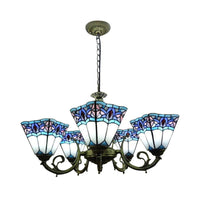 5 Lights Pyramid Chandelier Lighting Tiffany Mission Stained Glass Pendant Light with Curved Arm - Rebooters
