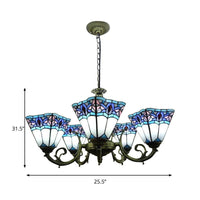 5 Lights Pyramid Chandelier Lighting Tiffany Mission Stained Glass Pendant Light with Curved Arm - Rebooters