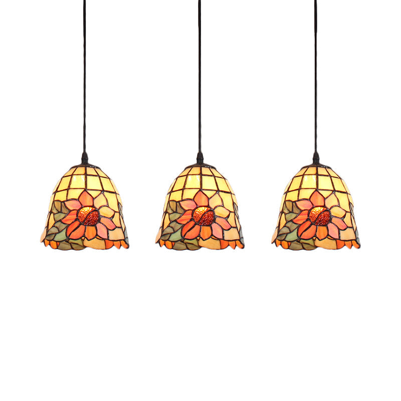 3 Heads Cluster Pendant Light Tiffany Bell Orange Art Glass - Rebooters